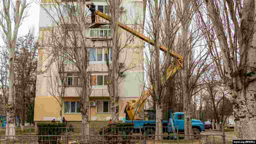 И одновременно занимаются санитарной обрезкой тополей на той же улице